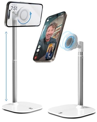 COOPER MagStand Adjustable Magnetic iPhone Stand for Desk Phone Holder for Video Recording Compatible with MagSafe Stand for iPhone 17 Pro Max 1615141312 Small Mag Safe Tripod White