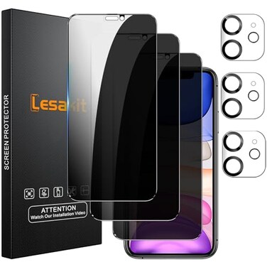 Lesakit 33 Pack Privacy Screen Protector for iPhone 11 61Inch with 3 Pack Camera Lens Protector Anti Spy Tempered Glass Film 9H Hardness Bubble Free Case Friendly