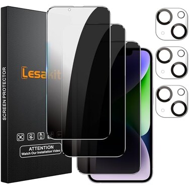Lesakit 33 Pack Privacy Screen Protector for iPhone 14 Plus 67Inch with 3 Pack Camera Lens Protector Anti Spy Tempered Glass Film 9H Hardness Bubble Free Case Friendly