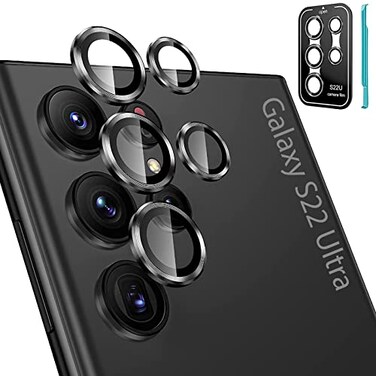 Tensea 32PCS for Samsung Galaxy S22 Ultra Camera Lens Protector 9H Tempered Glass Camera Cover Screen Protector Metal Individual Ring for S22 Ultra 5G 2022 Installation TrayRemoval tool Black