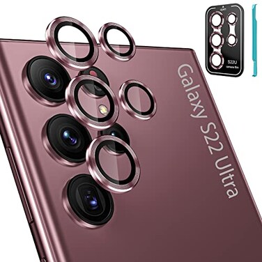 Tensea 32PCS for Samsung Galaxy S22 Ultra Camera Lens Protector 9H Tempered Glass Camera Cover Screen Protector Metal Individual Ring S22 Ultra 5G 2022 Installation TrayRemoval toolBurgundy