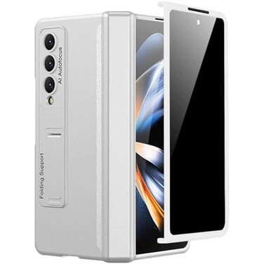 Miimall for Samsung Galaxy Z Fold 4 Case with Privacy Screen Protector Builtin Convenient Adjustable Kickstand Magnetic Hinge Protection AllInclusive Protective Case for Galaxy Z Fold 4 Silver
