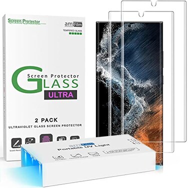 amFilm 3D Curved Tempered Glass for S22 Ultra Screen Protector Samsung Galaxy 5G 68 Inch Fully Compatible with UltraSonic Fingerprint Scanner and S Pen Upgraded Easier UV Gel Application2 Pack
