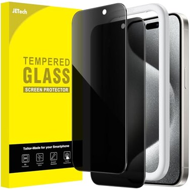 JETech Privacy Screen Protector for iPhone 15 Pro 61Inch AntiSpy Tempered Glass Film with Easy Installation Tool 2Pack