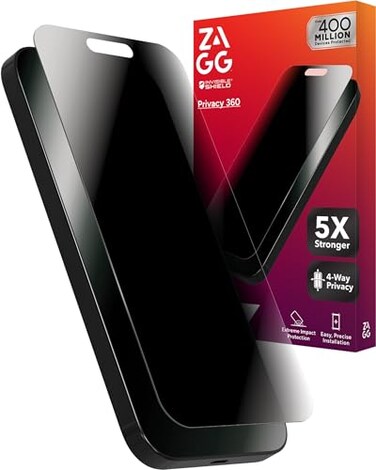 ZAGG Glass Elite Privacy 360 Screen Protector for iPhone 16 Pro 4Way Privacy UltraStrong Tempered Glass 5X Stronger SmudgeResistant Easy Install Recycled Content