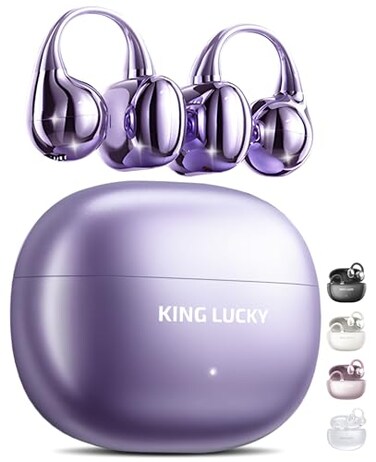 King Lucky ClipOn Earbuds Gen 3 OpenEar Wireless Bluetooth 60 Headphones with Mic Secure Fit for Small Ears Glasses Wearers 50H Playtime ENC IPX5 Waterproof Sport Ear Buds Purple