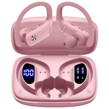 bmani Ear Buds Wireless Earbuds Bluetooth Headphones with 80H Playtime LED Display Case OverEar Hook with Mic Stereo Sound Easy Button Controls Sports Earphones for Running Workout Gym Pink