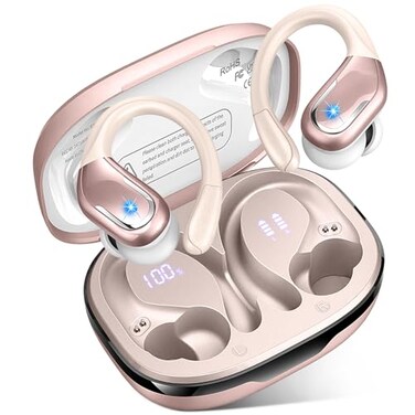 Ltinist Wireless Earbud 75H Bluetooth 54 Headphones Sport IP7 Waterproof Running Wireless Earphones with ENC Noise Canceling Mic 3D Bass Over Ear bud with Earhooks for Android iOS Workout Gym Rosegold