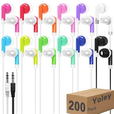 Yoley 200 Packs Classroom Earbuds Bulk Headphones for Kids School Students Children Wholesale Class Set Durable Earphones Individually Bagged 200 Mixed