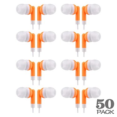 CN-Outlet CNOutlet Wholesale Earbuds Bulk Headphones Individually Bagged 50 Pack for iPhone Android MP3 Player for Schools Libraries Hospitals Orange