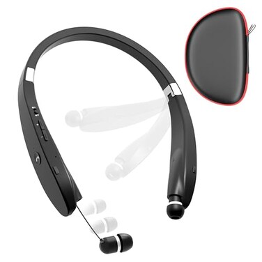 Dpvisn Bluetooth Neckband Headphones Foldable Wireless Lightweight Neck Headset with Retractable Earbuds Noise Cancelling Sweatproof Stereo Earphones with Mic Carrying Case Black
