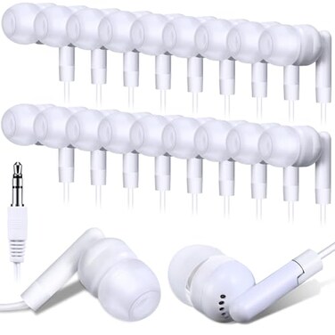 Kanayu 100 Pack Wired Earbuds Bulk for Classroom Ear Headphones Wired Basic Student Earbuds No Microphone with 35MM Jack for Class Laptop School Library Individually Bagged White