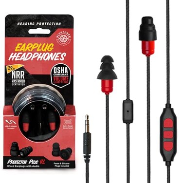 Plugfones Protector Plus Volume Limited inEar Earplug Earbuds Noise Reduction Headphones with Noise Isolating Mic and Controls Black Red
