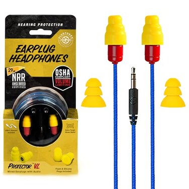 Plugfones Protector Volume Limited Audio Earbuds OSHA Compliant Earplugs with Sound Blue Yellow