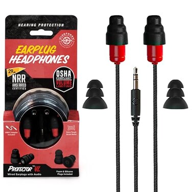 Plugfones Protector Volume Limited Audio Earbuds OSHA Compliant Earplugs with Sound Black Red