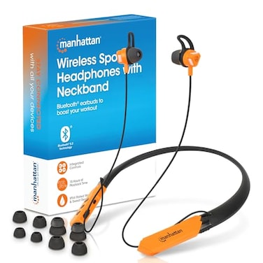 MANHATTAN Bluetooth Wireless Neckband Headphones Work Earbud Earphones with 15H Playtime NoiseIsolating IPX4 Water Resistant Builtin Mic for Work Music Calls BlackOrange
