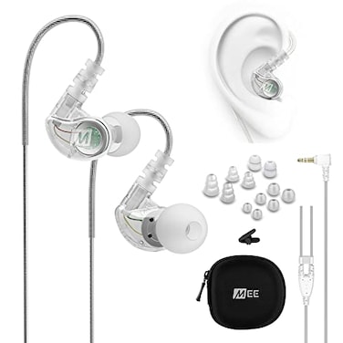 MEE audio M6 Sport Wired Earbuds Noise Isolating In Ear Headphones Sweatproof Earphones for RunningGymWorkouts with Dynamic Enhanced Bass Sound Memory Wire Earhooks 35mm Jack Plug Clear