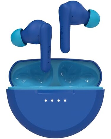 Belkin SoundForm Nano 2 Bluetooth Earbuds for Kids with Builtin Microphone 28H Battery Life Safe 85dB Volume IPX5 Water Resistance Kids Bluetooth Earbuds for iPhone iPad Galaxy More Blue