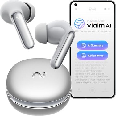 viaim RecDot Voice Recorder Earbuds Professional AI Note Taker for Meetings Calls Lectures Transcribe Summarize 78 Languages 48dB Hybrid ANC AI Assistant for Deep Work AES256 Secure Silver