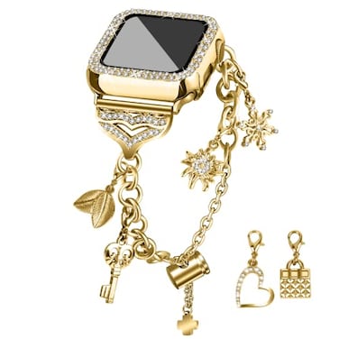 JOYOZY Band Compatible with Apple Watch 38mm 40mm 41mm 42mm 44mm 45mm 46mm Bling Strap with Glitter Case Builtin Screen Protector Interchangeable Charms Dressy Bracelet for Women Gold 40mm