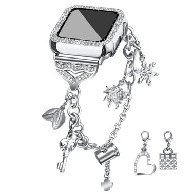 JOYOZY Band Compatible with Apple Watch 38mm 40mm 41mm 42mm 44mm 45mm 46mm Bling Strap with Glitter Case Builtin Screen Protector Interchangeable Charms Dressy Bracelet for Women Silver 40mm