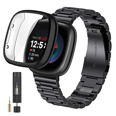 ZPJPPLX for Fitbit Versa 4 Metal Watch Band with Soft TPU CaseCompatible with Fitbit Sense 2 Stainless Steel Strap and Screen Protection Case for Men WomenBlack