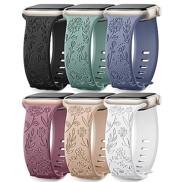SNBLK Womens 6Pack Floral Apple Watch Bands 38mm45mm Soft Silicone Engraved with Roses and Sunflowers Water Resistant