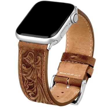Deeplus for Apple Watch Band 42mm 41mm 40mm 38mm Handmade Carved Bump Genuine Leather Replacement Strap for iWatch Series 10 9 8 7 6 5 SE Retro Brown