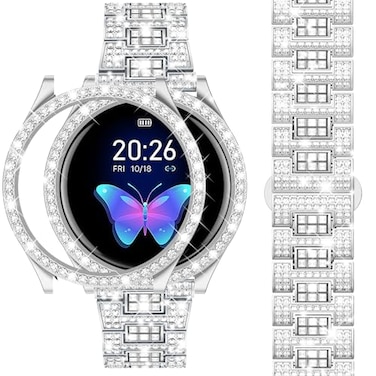 Dsytom 20mm Bling Metal Replacement Galaxy Watch FE 2024Watch 54 Band 40mm44mm with Rhinestone Protective Case for Women 40mm Silver