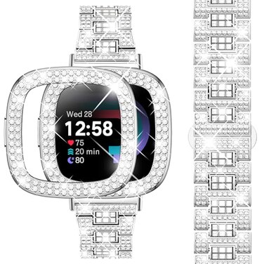 Dsytom Bling Watch Band Compatible with Fitbit Versa 4 BandsFitbit Sense 2 Bands with Rhinestone Protective Case Cover for WomenSilver
