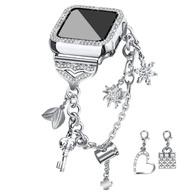 JOYOZY Band Compatible with Apple Watch 38mm 40mm 41mm 42mm 44mm 45mm 46mm Bling Strap with Glitter Case Builtin Screen Protector Interchangeable Charms Dressy Bracelet for Women Silver 45mm
