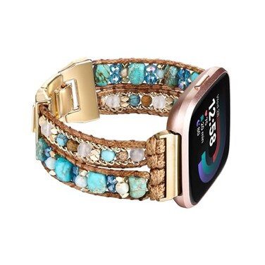 Wingoden Bracelet Bands Compatible with Fitbit Versa 43Sense 2Sense Band for Women Leather Beaded Watch Strap Natural Stone Wrap Boho Watch Band for Fitbit Versa 4 Band Replacement Blue Beads