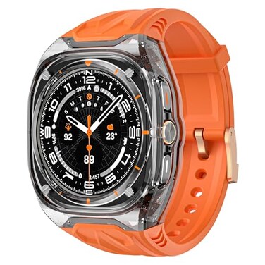 WONJOY Compatible with 2024 Samsung Galaxy Watch 7 Ultra 47mm Band with Case TPU Rugged Sport Replacement Strap Clear Protective Cover Bumper Accessories for Men Orange