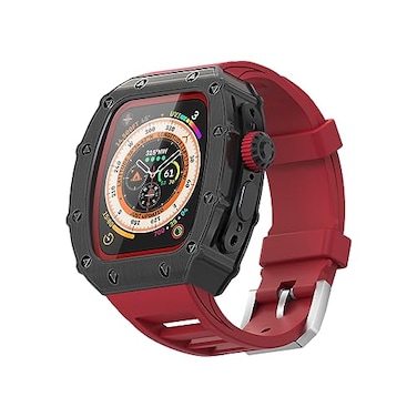 HUALIMEI For Apple Watch Ultra Band 49mm Case Luxury Rugged Metal Cover Screen Protector Fluoroelastomer Strap for iWatch Ultra Series 49mm Replacement Strap Heavy Duty Bumper Case for Men 49mm Red