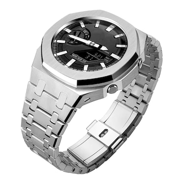 VESECCON GA2100 Stainless Steel Watch Band Case Mod Kit Smooth Bezel without Nails Metal Strap Accessories Compatible with Casio Mens GShock GA2100GA2110 Watches Silver