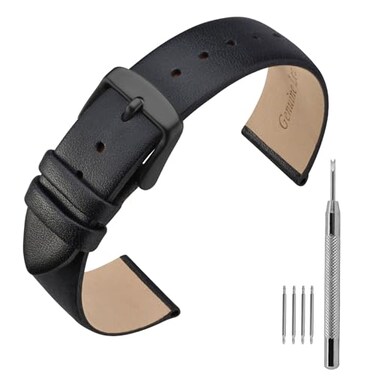 ANNEFIT Calfskin Leather Watch Straps 22mm Thin Elegant Replacement Watch Band with Black Buckle Black