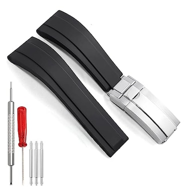 Wentokye Rubber Watchband For Rolex SUBMARINER GHOST DATEJUST OYSTERPERTUAL DAYTONA YACHTMASTER Deployment Buckle 20mm Rolex Rubber Strap Replacement Silver Buckle