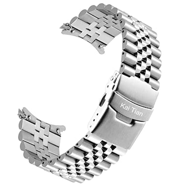Kai Tian Premium Stainless Steel Curved Ends HalfMoon 5 Beads Silver Metal Watch Band Strap 20mm 22mm
