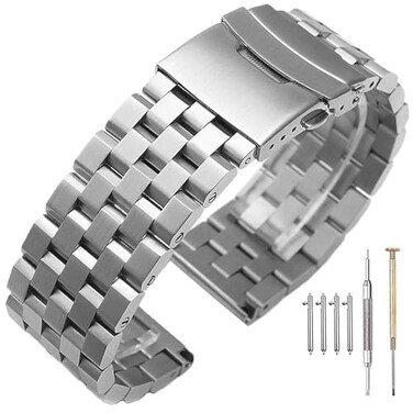 SINAIKE Brushed 24mm Metal Watch Bands for Men Women Solid Stainless Steel Watch Band Screwin Watch Bracelet Strap Deployment Double Lock Deployment Buckle Silver