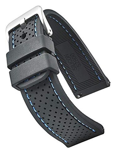 STUNNING SELECTION ALPINE Premium quality waterproof silicone watch band strap with quick release Soft rubber black watch band 24mm blue stitching