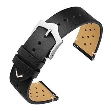 ANNEFIT Vintage Leather Watch Strap 20mm Quick Release Replacement Band for Men and Women with Silver Buckle Black