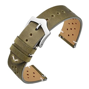 ANNEFIT Vintage Leather Watch Strap 20mm Quick Release Replacement Band for Men and Women with Silver Buckle Green