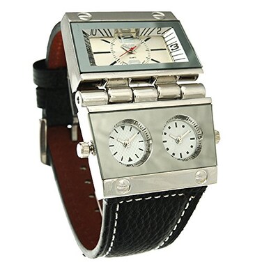Oulm 9525 Mens Watch Analog Black Leather Strap 3 Subdials
