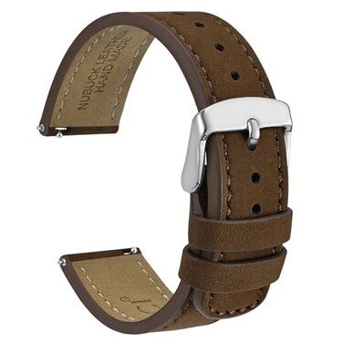 WOCCI 22mm Retro Leather Watch Band for Men and Women Quick Release Replacement Strap with Silver Buckle Dark Brown