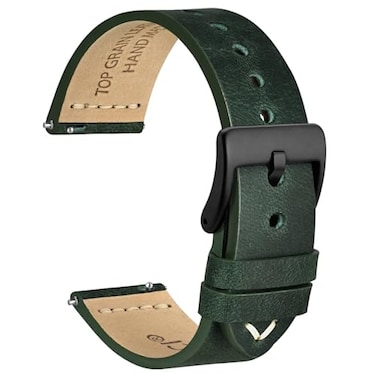 WOCCI 22mm Oldfashioned Watch Band for Men Top Grain Leather Black Matte Buckle Army Green
