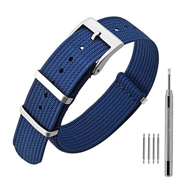 ANNEFIT Nylon Watch Band 20mm OnePiece Waterproof Military Watch Straps with Heavy Silver Buckle Blue