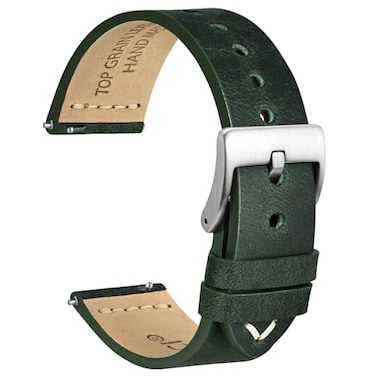 WOCCI 19mm Oldfashioned Watch Band for Men Top Grain Leather Silver Brushed Buckle Army Green