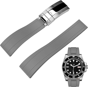 Yhmoo Watchband For Rolex SUBMARINER GHOST DATEJUST OYSTERPERTUAL DAYTONA YACHTMASTER Deployment Buckle 20mm Rolex Silicone Rubber Strap Replacement grey