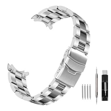 Kai Tian 20mm Curved Ends Watch Band with Foldover Clasp Tone Silver Solid Quality Stainless Steel HalfMoon Tapered 3D Flats Metal Watch Strap for Men Women
