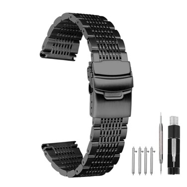 Kai Tian Black Mesh 18mm Watch Band Stainless Steel Butterfly Clasp Brushed Polished Watch Replacement Strap for Women Men